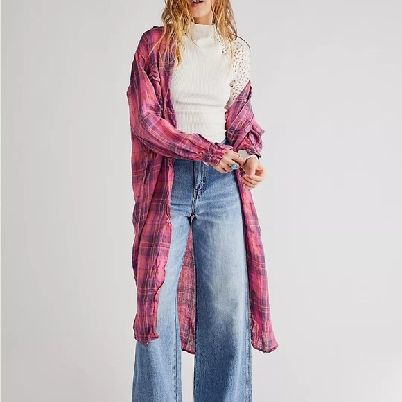 Free People X Cp Shades Womens plaid maxi Top 100% linen in valentine XS - Picture 2 of 11